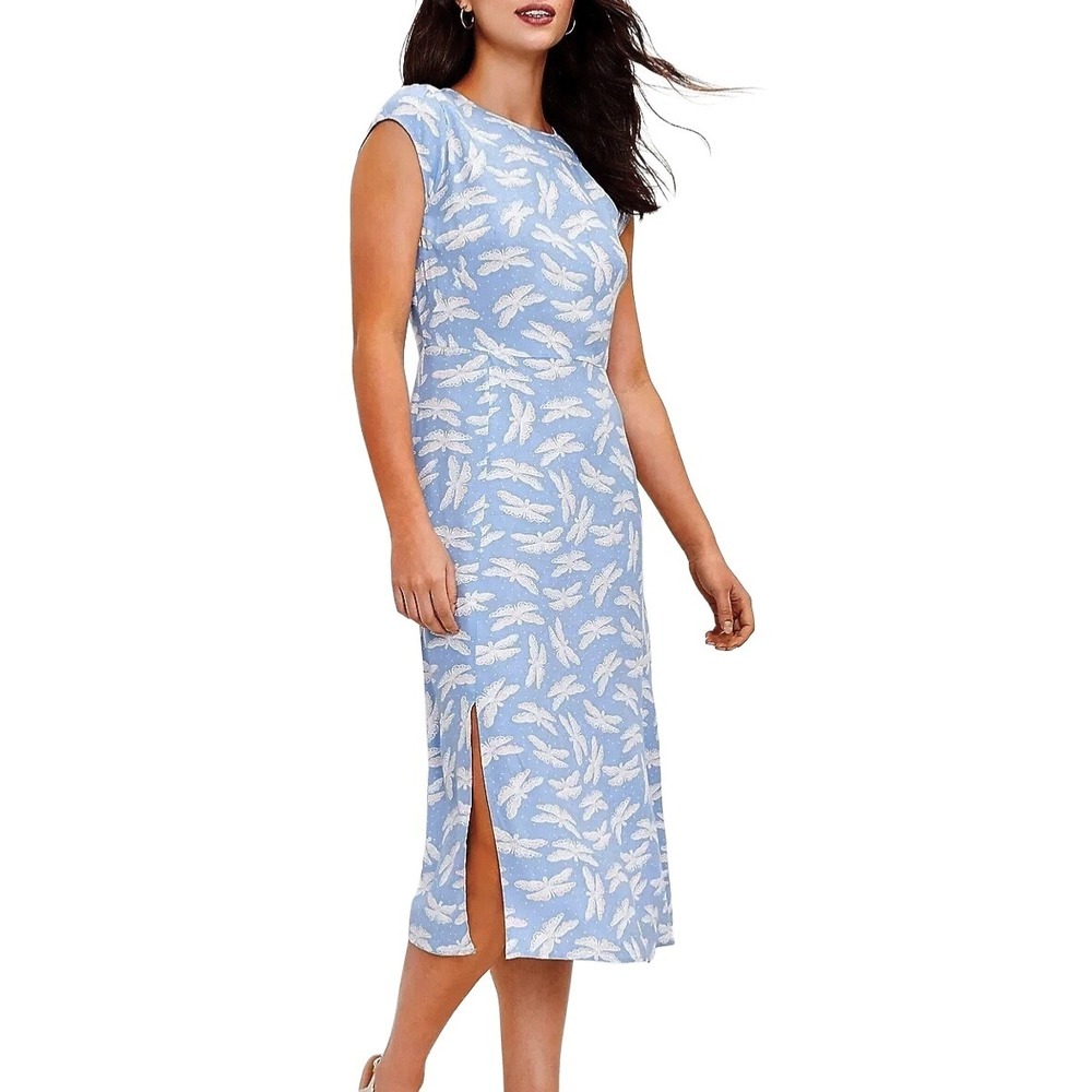 Loft Women's Blue Dragonfly Print Cap Sleeve Midi Dress Novelty Print Round Neck